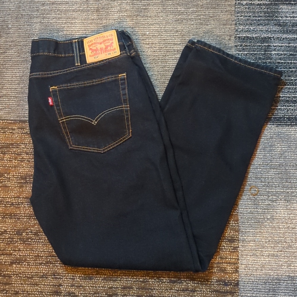 Levi's Men Jeans Straight - Dark Blue Denim with Tan Patch